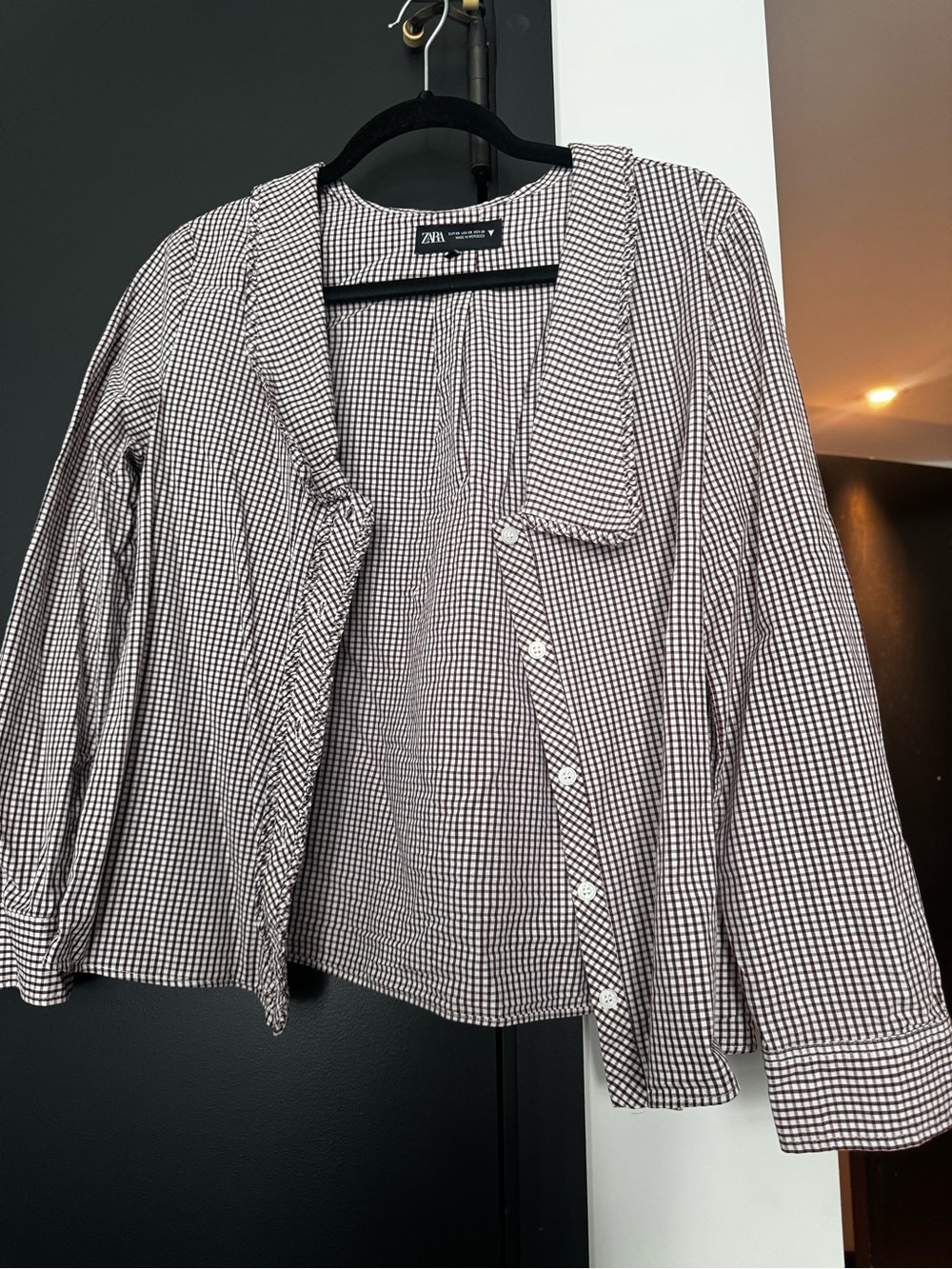 Zara Burgundy & White Checked Button-Up Top